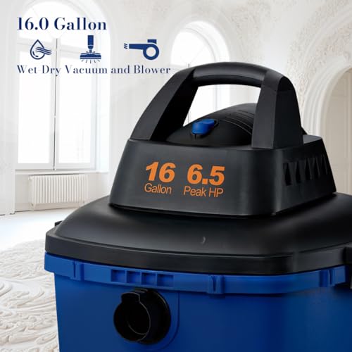 Koblenz WD-16 L4 Wet Dry Vacuum Cleaner, 16 Gallon Wet Dry Vac, 6.5 PHP, 3-in-1 Suction & Blower, Click-N-Lock Hose, Drain Plug, Big Vacuum Cleaner for Carpet & Floors, Swivel Casters, Black/Blue - size: 16 Gallon 6.5 HP