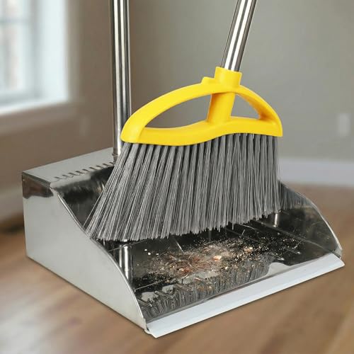 Stainless Steel Dustpan with Outdoor Stiff Bristles Broom,Long Handle Metal Dust Pan and Heavy Duty Broom for Home,Lobby,Office - style: Dustpan and Broom