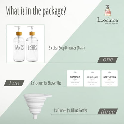 LOOCHICA 2 Pack Clear Glass Soap Dispenser with Plastic Pump, Transparent Dish and Hand Soap Dispenser Set, Refillable Reusable Apothecary Soap Pump Dispenser Bottles for Bathroom and Kitchen - color: A05-2 X Clear