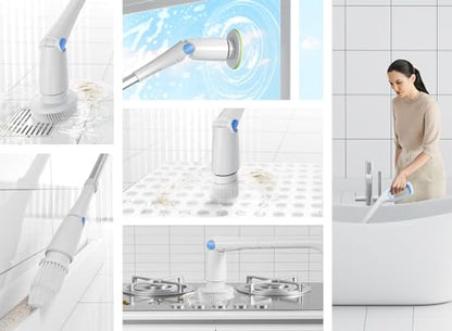 CAKILA Electric Spin Scrubber,Cordless Shower Cleaning Brush with 7 Replaceable Heads,Detachable Long Handle for Bathroom, Floor, Tile, Kitchen,Ideal Gift for Elders
