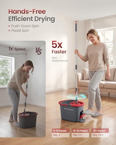 SONGMICS Spin Mop and Bucket Set with Pedal Wringer, Floor Cleaning Mop, Adjustable Telescopic Handle, Max. 59.1-Inch Length, 360° Rotating Head, 4 Microfiber Pads, Gray and Red ULMB002GT04 - color: Gray + Red, size: 4 Pads