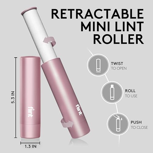 Flint Rose Gold Retractable Mini Lint Roller with 90 Extra Sticky Sheets, Small and Portable Lint Roller, Ideal Pet Hair Remover, Travel Lint Rollers for pet Hair Extra Sticky - color: Rose