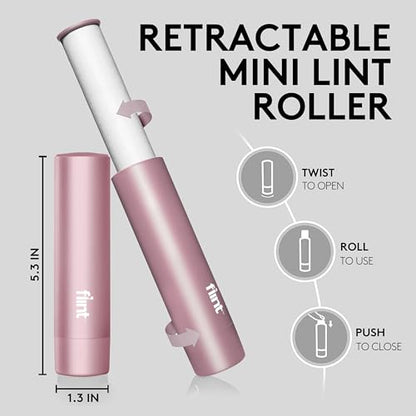 Flint Rose Gold Retractable Mini Lint Roller with 90 Extra Sticky Sheets, Small and Portable Lint Roller, Ideal Pet Hair Remover, Travel Lint Rollers for pet Hair Extra Sticky - color: Rose