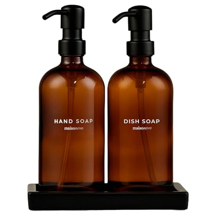 Maisonovo Kitchen Soap Dispenser Set - Hand and Dish Soap Dispenser Set with Amber Glass Soap Dispenser, Black Pumps & Ceramic Tray - color: Amber Bottles/ Black Pumps/ Black Ceramic Tray