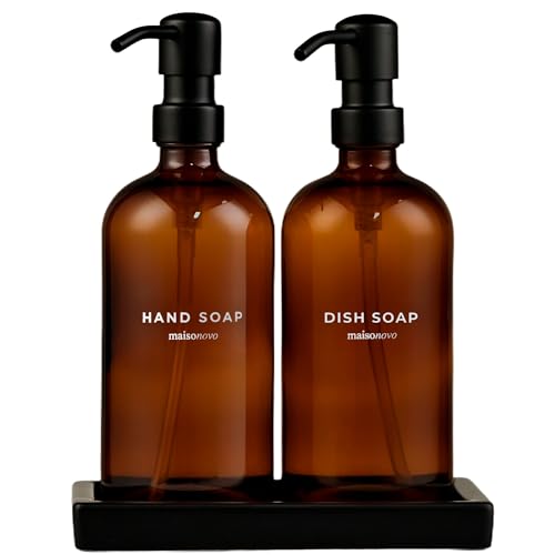 Maisonovo Kitchen Soap Dispenser Set - Hand and Dish Soap Dispenser Set with Amber Glass Soap Dispenser, Black Pumps & Ceramic Tray - color: Amber Bottles/ Black Pumps/ Black Ceramic Tray