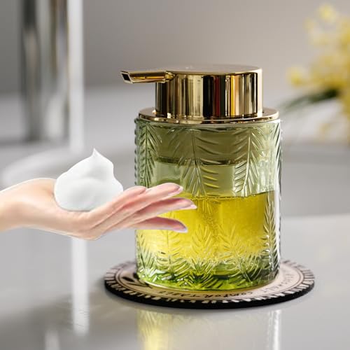 CICUFY Glass Foaming Dispenser - Refillable Lotion or Soap Dispenser for Kitchen & Bathroom, Large Gold Pump (Leaf Pattern - Green) - color: Green, style: Foam/Leaf Pattern