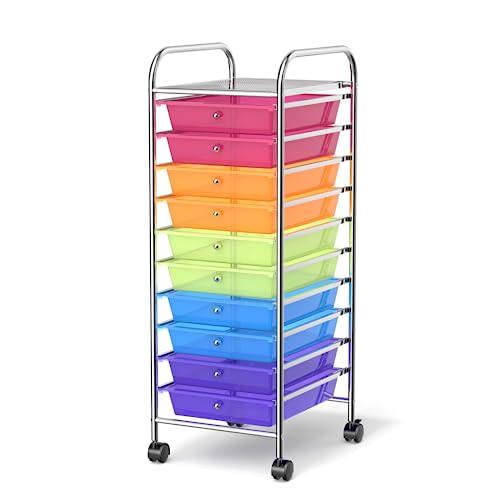 MEDIMALL 10 Drawers Rolling Storage Cart, Multipurpose Craft Storage Cart with Wheels, Mobile Tools Scrapbook Paper Organizer Cart for Office School Home Use (Rainbow) - color: Rainbow