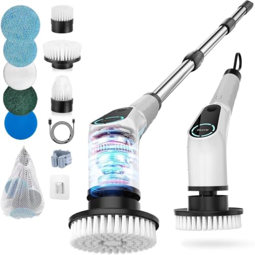 Dovety Electric Spin Scrubber, Shower Scrubber, Power Cleaner Tools with 8 Replaceable Brush Heads, Cleaning Brush with Extension Handle, 2 Adjustable Speeds, 90Mins Work Time for Home Bathtub-White - color: White