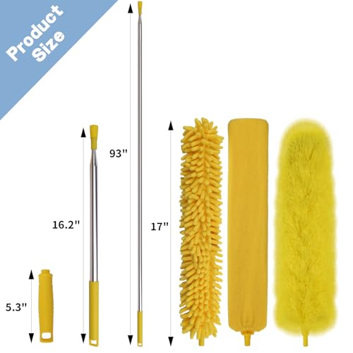 Dymoll Cobweb Duster with Extension Pole, 110" Microfiber Feather Duster Kit with Bendable Washable Heads, Spider Web Brush, Dusters for Cleaning Ceiling Fan, High Ceiling, Blinds, Furniture,2Pcs