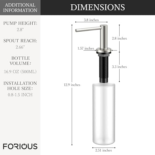 FORIOUS Soap Dispenser for Kitchen Sink, Stainless Steel Liquid Dish Soap Dispenser Pump with Top Refill 17oz Soap Bottle, Brushed Nickel Built in Sink Lotion Dispenser for Kitchen Countertop - color: Stainless Steel