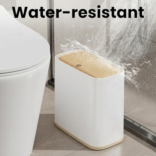 Bathroom Trash Can, 2.1 Gallon Small Slim Garbage Can with Lid and Wheels, Air-Press Bag Expander & Inner Bucket, White Plastic Waste Basket Dog Proof for Kitchen, Office, Bedroom, Garbage Trash Bin - color: White and Wood Grain, size: 8L/2.1Gal