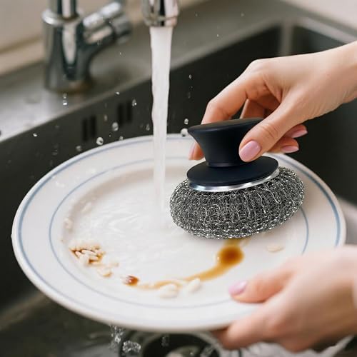 8Pcs Stainless Steel Wool Scrubber with 2 Silicone Handles, Scouring Brush for Cleaning Dishes, Pots, Pans, Grills, and Sinks(Black)