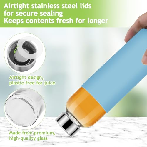 6Pack Glass Juice Bottles, 18 Oz Glass Water Bottles, Reusable Drinking Bottle with Stainless Steel Cap, Silicone Sleeve 1 Brush, Clear Water Bottle for Juice Beverages, BPA Free & Leak Proof