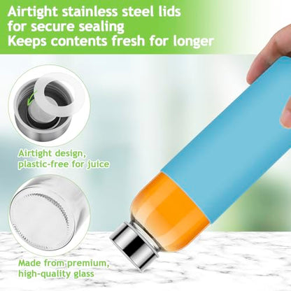 6Pack Glass Juice Bottles, 18 Oz Glass Water Bottles, Reusable Drinking Bottle with Stainless Steel Cap, Silicone Sleeve 1 Brush, Clear Water Bottle for Juice Beverages, BPA Free & Leak Proof