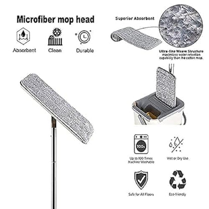 Mop Heavy Quality Floor Mop with Bucket, Flexible Kitchen tap Flat Squeeze Cleaning Supplies 360 Flexible Head/2 Reusable Pads Clean Home Floor Cleaners