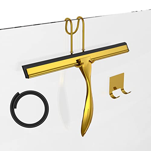 Shower Squeegee for Glass Door 12-Inch Stainless Steel Bathroom Squeegee Window Wiper, with Shower Door Hook, Adhesive Hook, and Spare Silicone Blade for Window Mirror Car All-Purpose Squeegee - color: Gold, size: 12-inch
