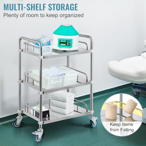 VEVOR Lab Rolling Cart, 3-Shelf Stainless Steel Rolling Cart, Lab Serving Cart with Swivel Casters, Dental Utility Cart for Clinic, Lab, Hospital, Salon, 26.38"x15.55"x34.13" - size: 3-tier shelves