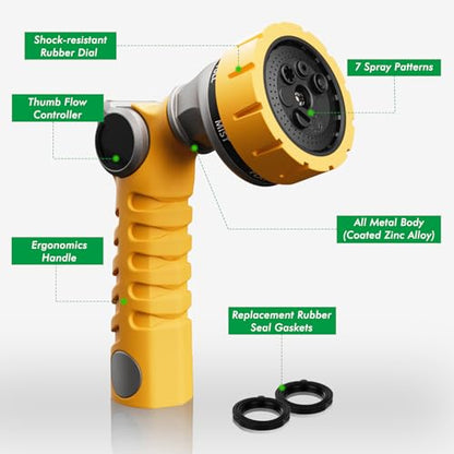 RESTMO Heavy Duty Hose Nozzle, Metal Garden Water Hose Sprayer with 7 Watering Patterns, Thumb Control, On Off Valve, High Pressure Nozzle Sprayer for Watering Plants, Car and Pet Washing, Yellow - color: Yellow