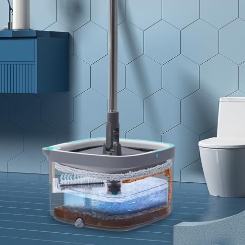 True & Tidy® SPIN-800 TrueClean Mop and Bucket System Upgraded Version w/Side Brush & Self-Standing Handle, Self Wringing Spin Mop w/Separate Compartments for Clean and Dirty Water - color: Gray New