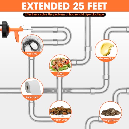 Drain Snake, Auto Feed Plumbing Snake with Drill Attachment, 25 Feet Flexible Drain Auger Tool Set Included Drain Clog Remover, Hair Clog Remover ＆ Cleaning Brush | for Kitchen, Bathroom and Shower Sink with Gloves - color: Orange