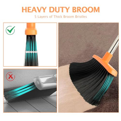 2-Pack Broom and Dustpan Set with Long Handle, Heavy Dust Broom and Dustpan Combo for Home，Kitchen, Office, Pet Hair(Gray Orange) - color: Gray Orange 2-pack