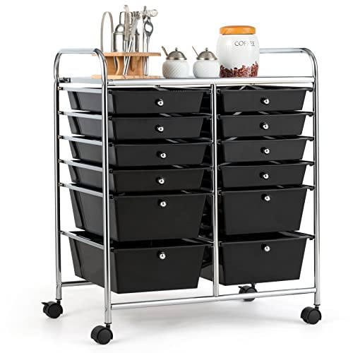 COSTWAY 12-Drawer Rolling Storage Cart, Moveable Art Craft Organizer W/Lockable Wheels, Metal Shelf, Files Arrangement Tools Makeup Storage Cart for Office, Home, School (Black) - color: Black, size: 12 Drawer