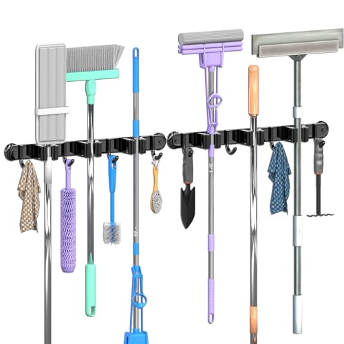 3-H Magnetic Broom Holder Wall Mount 2 Pack, 2-in-1 Dual Mount (No Drill or Screw Fix), 304 Stainless Steel Heavy Duty Magnet Mop Broom Organizer for Kitchen Garden Garage(3 Racks & 4 Hooks,Black) - color: Black, size: 2pc & 3R4H