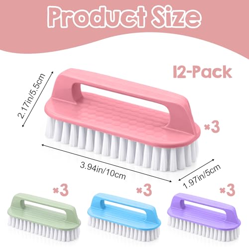 Scrub Brush 12-Pack Heavy Duty Multi-Purpose Cleaning Brushes with Stiff Bristles, 4 Colors (Purple Pink Blue Green) for Floor Laundry Bathtub Sink Tile & Household Surfaces