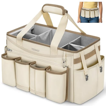Ytonet Extra Large Cleaning Caddy Bag with Detachable Apron, Cleaning Supplies Organizer with Foldable Dividers, Portable Cleaner Tote with Handle, Cleaner Caddy for Kitchen, Detailing Bag, Apricot - color: Apricot
