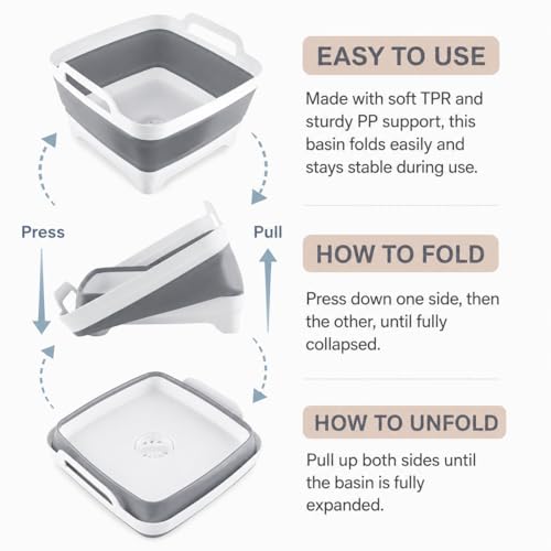 2.4 Gal(9L) Collapsible Dish Basin with Drain Plug, Space Saving Outdoor Multiuse Foldable Sink Tub, Dishpan, Kitchen Storage Tray for Camping, Vegetable Washing, RV (Gray) - color: Gray