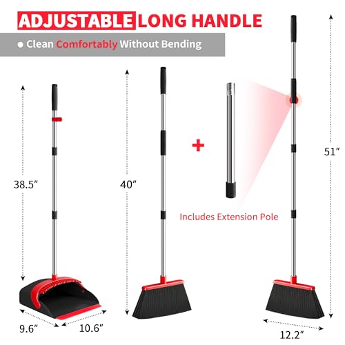 Broom with Dustpan Combo Set, Dust Pans with Long Handle for Upright Sweeping, Standing Broom and Dustpan Set with Self-Cleaning Teeth for Home, Kitchen & Office Floors(Red & Black) - color: Red & Black