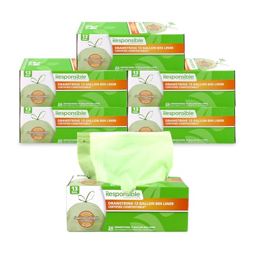 Responsible Products Kitchen Bin Liners, Certified Compostable, Heavy Duty Multipurpose Food Scrap Bags, Made from Compostable Materials (13 Gallon, 13 Gallon (120 Count)) - size: 13 Gallon (120 Count), style: 13 Gallon Drawstring