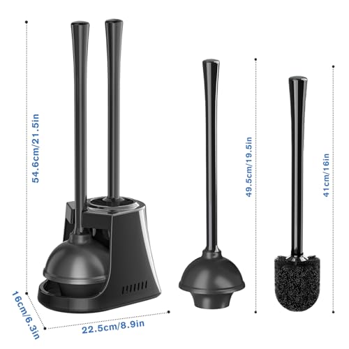 LOVLOY Toilet Plunger and Brush, Bowl Brush and Heavy Duty Toilet Plunger Set with Ventilated Holder, 2-in-1 Toilet Brush and Plunger Combo for Bathroom Cleaning (2, Black) - color: Black