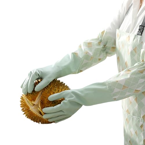 RARITYUS Household Kitchen Cleaning Gloves Waterproof Cotton Lined Dishwashing Non-Slip Long Cuff Gloves - color: Green (Length 19.29'')