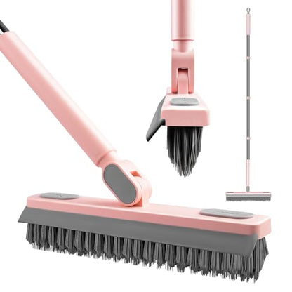 Floor Scrub Brush with Long Handle 58'’ Telescopic Handle 2 in 1 Scrape Brush, V-Shaped Corner Stiff Bristle Floor Scrubber with Squeegee for Cleaning Shower Bathroom Garage Kitchen Wall Tub Deck Tile