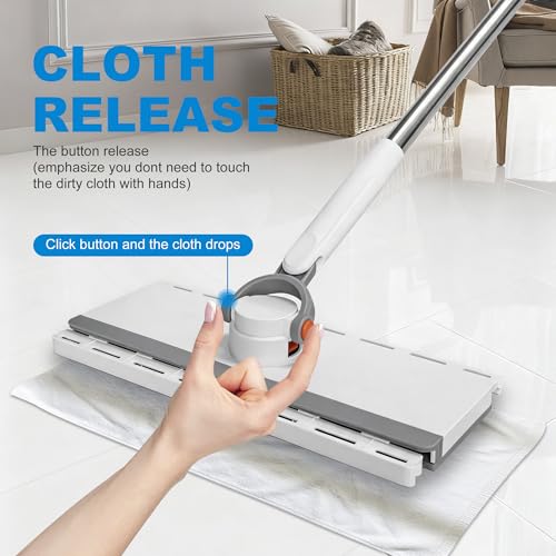 Hands Free Flat Mop One Click, 51" Long Handle Zero Touch Disposable Dust Mop Compatible with Swiffer Wet/Dry Pads Click Cloth Change Wet/Dry Pads, Dust Mopping for Hardwood, Tile, Floor