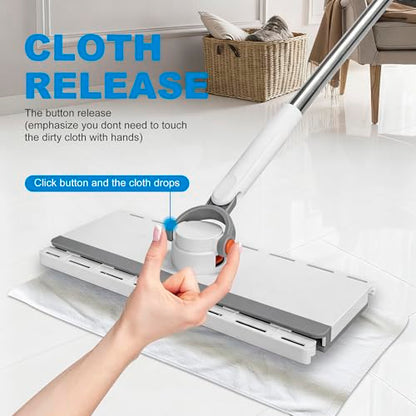 Hands Free Flat Mop One Click, 51" Long Handle Zero Touch Disposable Dust Mop Compatible with Swiffer Wet/Dry Pads Click Cloth Change Wet/Dry Pads, Dust Mopping for Hardwood, Tile, Floor