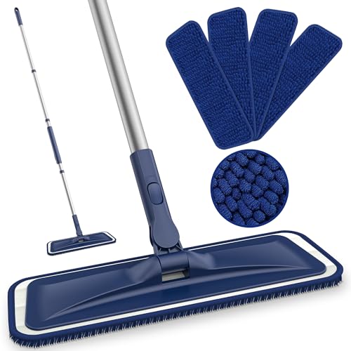 BPAWA Microfiber Mops for Floor Cleaning - Flat Floor Mop with 4 Washable Chenille Pads Dry Dust for Hardwood Laminate Wood Tile Vinyl Wall Hard Surfaces - 150cm Adjustable Long Handle - color: Darkblue