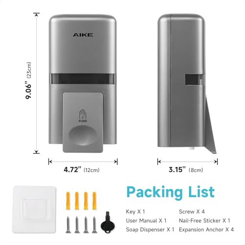 AIKE Wall Mount Liquid Soap Dispenser, 27oz Large Capacity with Extended Pump for Commercial Bathrooms,AK1008(Silver) - color: Silver