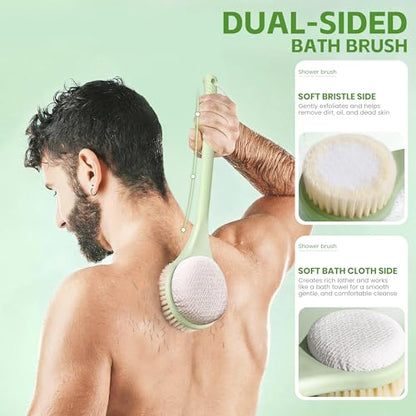 Back Scrubber for Shower with Long Handle, Dual-Sided Bath Brush with Soft Bristles & 150D Exfoliating Cloth, Anti-Slip Grip, Lightweight Back Washer for Shower, Men & Women (Green) - color: Greena