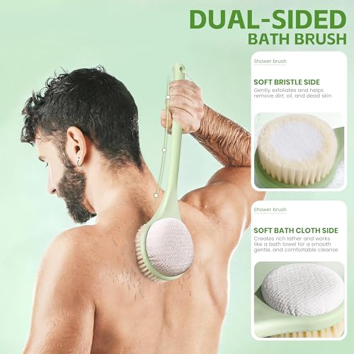 Back Scrubber for Shower with Long Handle, Dual-Sided Bath Brush with Soft Bristles & 150D Exfoliating Cloth, Anti-Slip Grip, Lightweight Back Washer for Shower, Men & Women (Green) - color: Greena