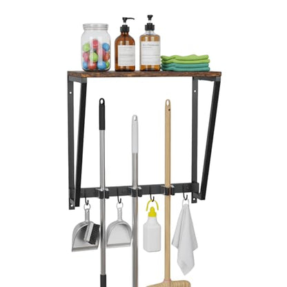Broom Holder Wall Mount with 3 Storage Slots & 4 Utility Hooks, Rustic Wood All-in-One Mop Hanger, Cleaning Supplies Organizer and Tool Storage Rack for Laundry Room, Kitchen, Garage, Garden, Closet