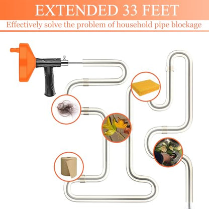 33 Feet Drain Snake Auger, Plumbing Snake Drain Hair Clog Removal Tool, Heavy Duty Toilet Snake Auger, Sink Unclogger Drain Cleaner Tool for Bathroom Kitchen Tub Shower with Gloves