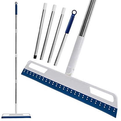 Multifunction Rubber Air Broom, Silicone Broom with 56" Long Handle, 4 in 1 Rubber Squeegee Sweeper for Floor Bathroom Kitchen Shower Tile Pet Hair Fur Marble Glass Water Window Foam Cleaning (Blue) - color: Blue