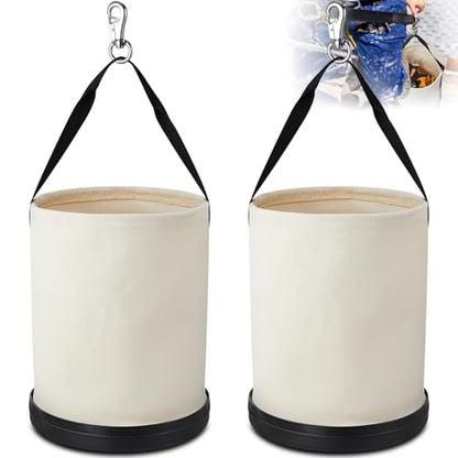 2 Pack Canvas Bucket 15" x 12" Heavy Duty Lineman Tool Bag with Plastic Bottom & Metal Hook Electrician Tool Organizer for Jobsite Use, Load Rated up to 150 Pounds (White) - color: White
