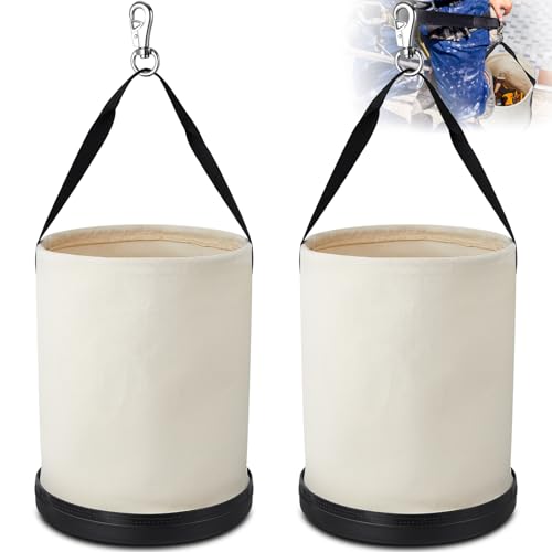 2 Pack Canvas Bucket 15" x 12" Heavy Duty Lineman Tool Bag with Plastic Bottom & Metal Hook Electrician Tool Organizer for Jobsite Use, Load Rated up to 150 Pounds (White) - color: White