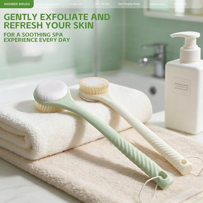 Back Scrubber for Shower with Long Handle, Dual-Sided Bath Brush with Soft Bristles & 150D Exfoliating Cloth, Anti-Slip Grip, Lightweight Back Washer for Shower, Men & Women (Green) - color: Greena