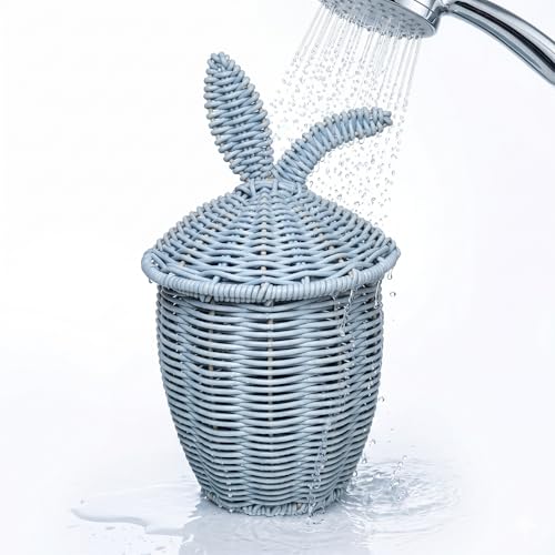 Plastic Rattan Basket with Lid,Waterproof Toilet Paper Storage Basket,Makeup Baskets Decor for Bathroom,Boho Decorative Organizer for Shelf,Living Room,Table,Bedside,Pet Room Container