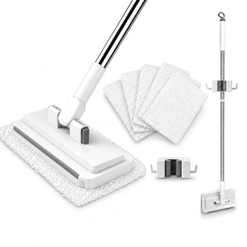 Hands Free Flat Mop with 5 Reusable Pads, One-Click Cloth Release, 53-Inch Extendable Stainless Steel Handle, Microfiber Mini Mop with Wall Holder for Hardwood, Tile, Bathroom, Kitchen and Glass
