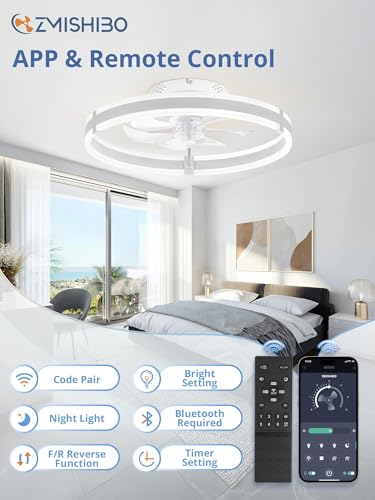 ZMISHIBO Ceiling Fans with Lights and Remote, 19.7'' Low Profile Ceiling Fan, 3000-6000K Dimmable Modern Flush Mount LED Fan Light, 6 Wind Speeds, White Fandelier Ceiling Fans for Bedroom - color: White, size: 19.7 INCH